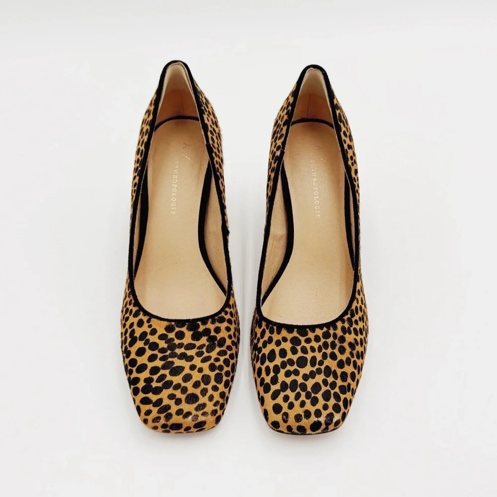 Anthropologie Leopard Print Block Heel Pumps in Tan and Black